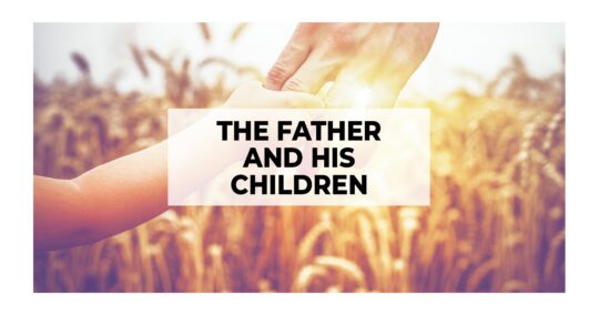 Child's hand holding Father's with a background of wheat.